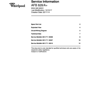 Whirlpool afb 828 a service manual cover with model code, manual contents and publication date
