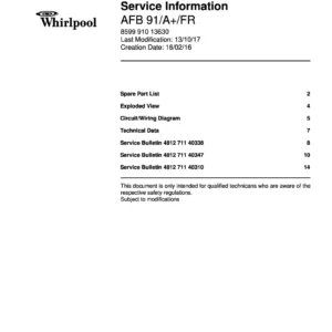 Whirlpool afb 91 a fr service manual cover with model code, manual contents and publication date