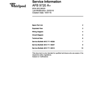 Whirlpool afb 9720 a service manual cover with model code, manual contents and publication date