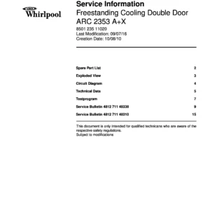 Whirlpool arc 2353 ax service manual cover with model code, manual contents and publication date