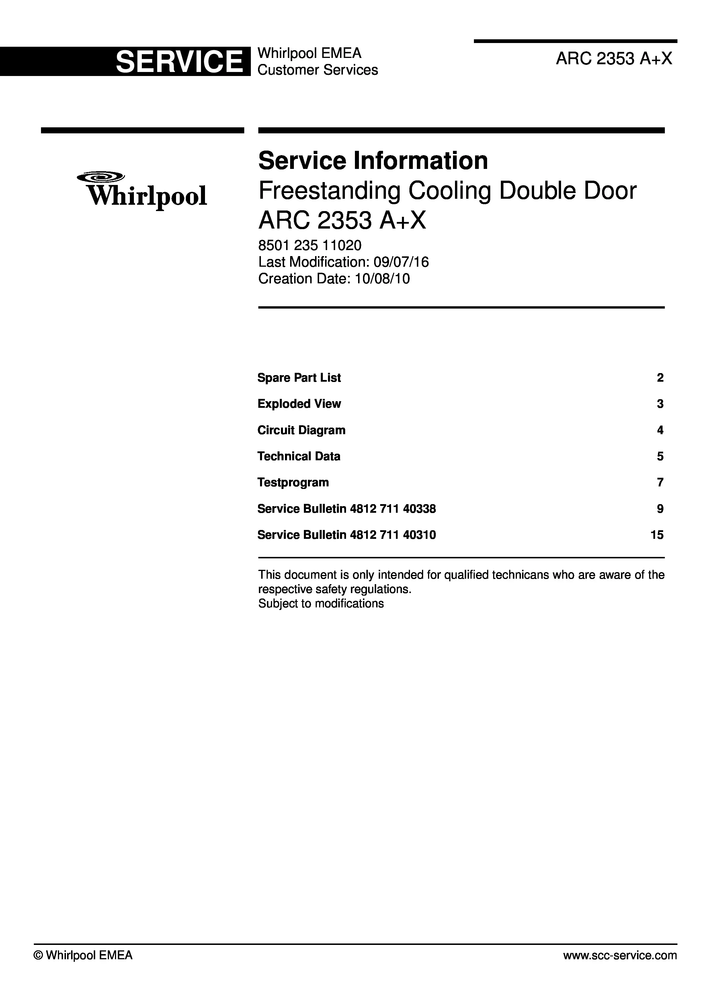 Whirlpool arc 2353 ax service manual cover with model code, manual contents and publication date