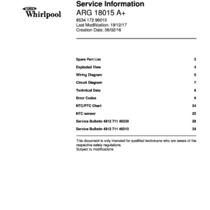 Whirlpool arg 18015 a service manual cover with model code, manual contents and publication date