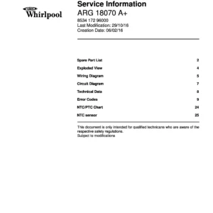 Whirlpool arg 18070 a service manual cover with model code, manual contents and publication date