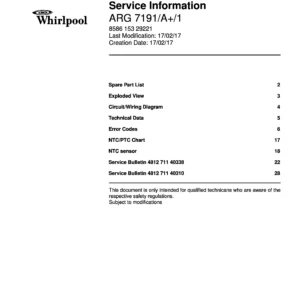 Whirlpool arg 7191 a 1 service manual cover with model code, manual contents and publication date