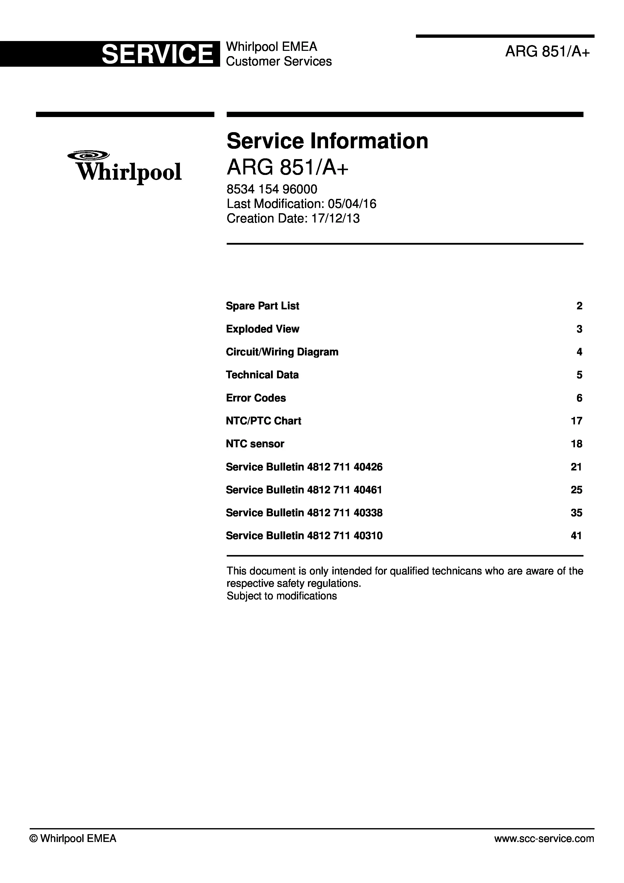 Whirlpool arg 851 a service manual cover with model code, manual contents and publication date