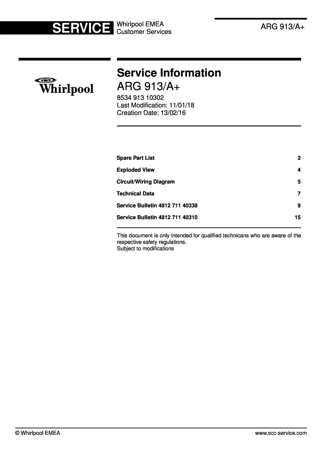 Whirlpool arg 913 a service manual cover with model code, manual contents and publication date