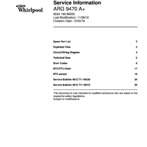 Whirlpool arg 9470 a service manual cover with model code, manual contents and publication date