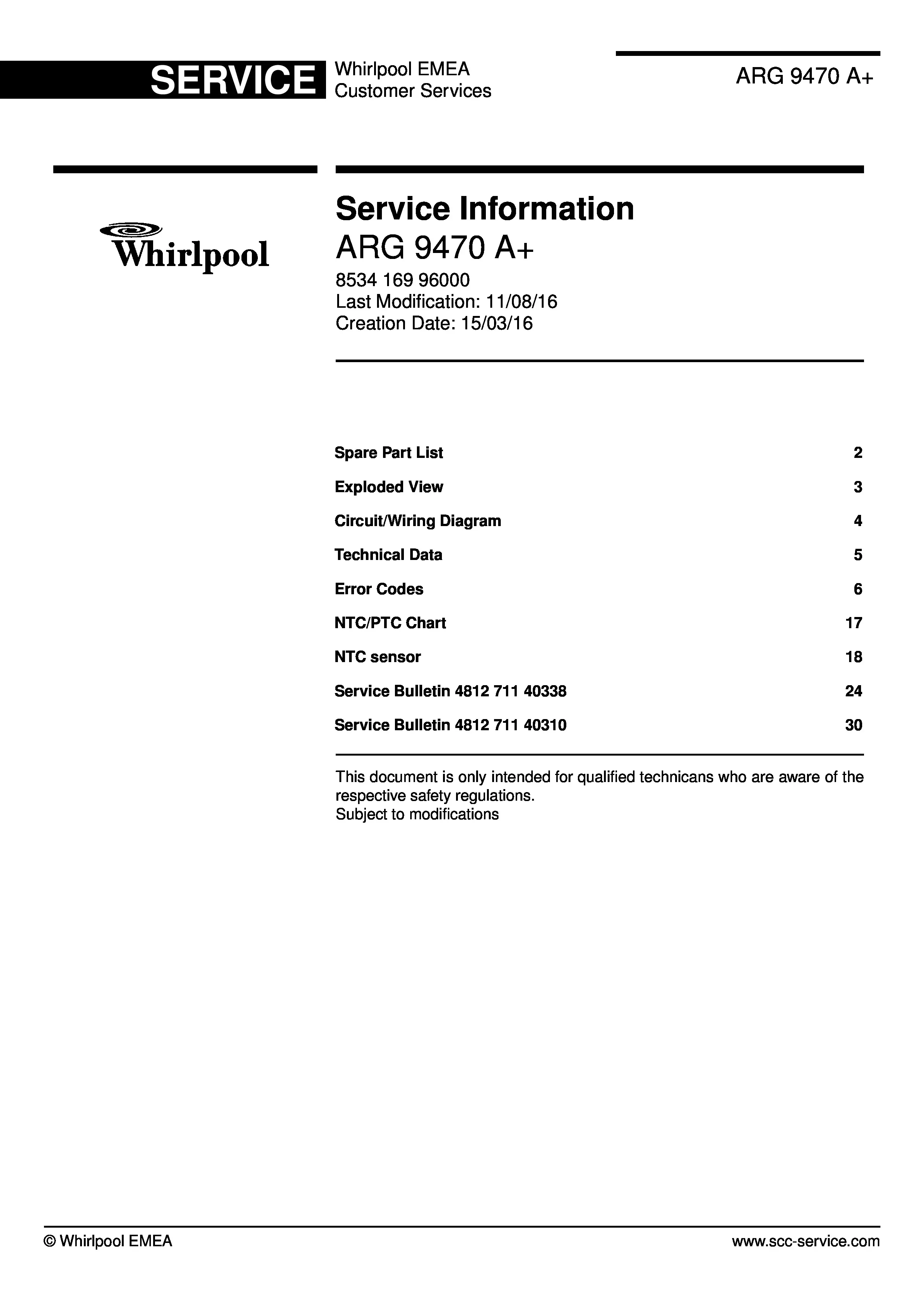 Whirlpool arg 9470 a service manual cover with model code, manual contents and publication date