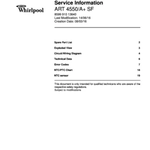 Whirlpool art 4550 a sf service manual cover with model code, manual contents and publication date