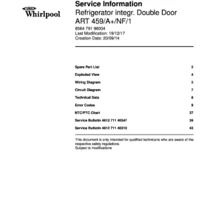 Whirlpool art 459 a nf 1 service manual cover with model code, manual contents and publication date