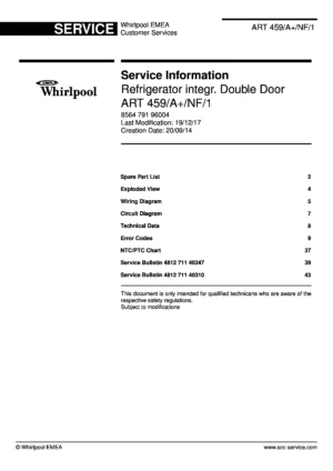 Whirlpool art 459 a nf 1 service manual cover with model code, manual contents and publication date