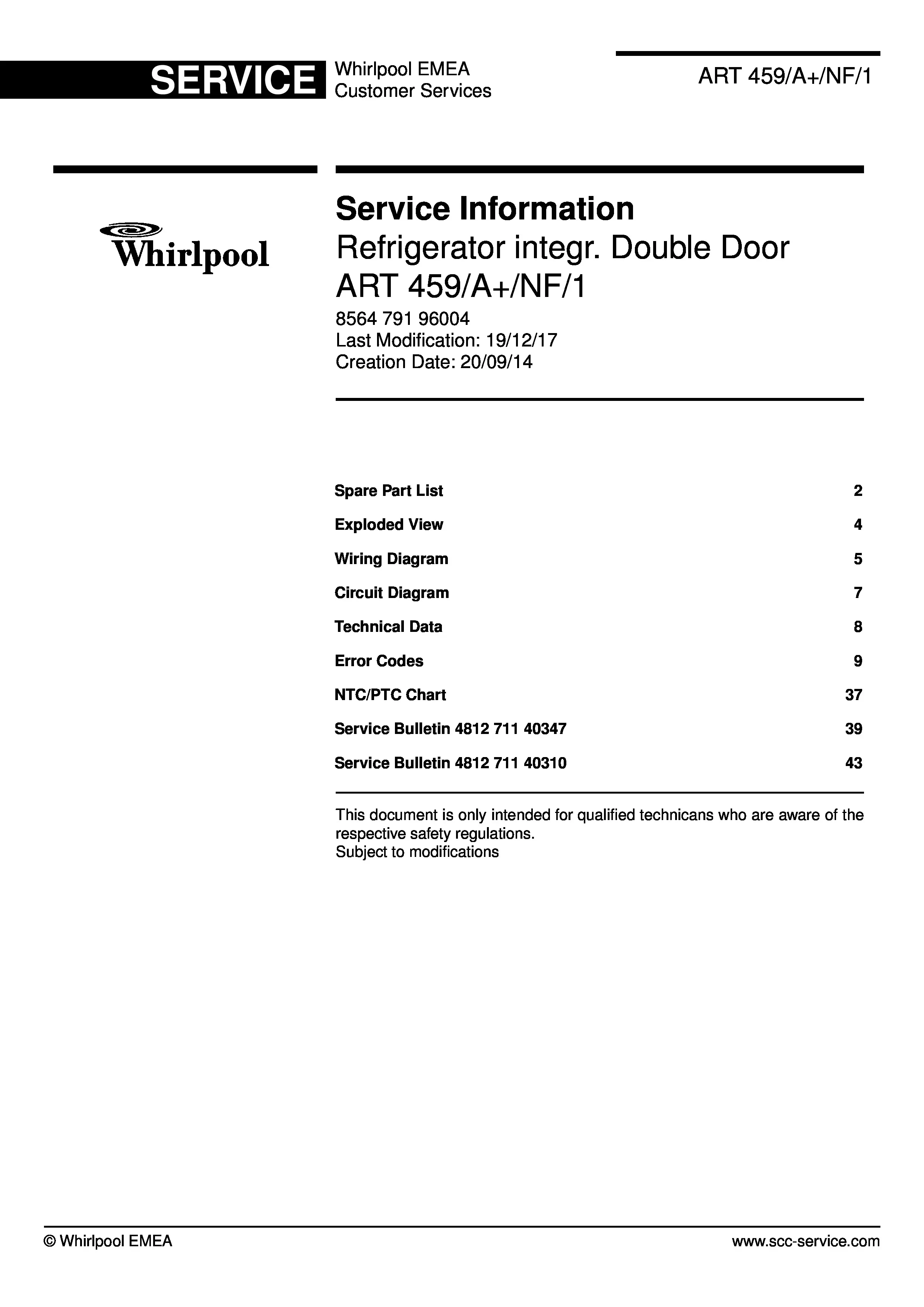 Whirlpool art 459 a nf 1 service manual cover with model code, manual contents and publication date