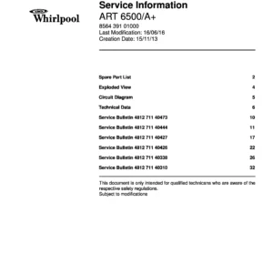 Whirlpool art 6500 a service manual cover with model code, manual contents and publication date