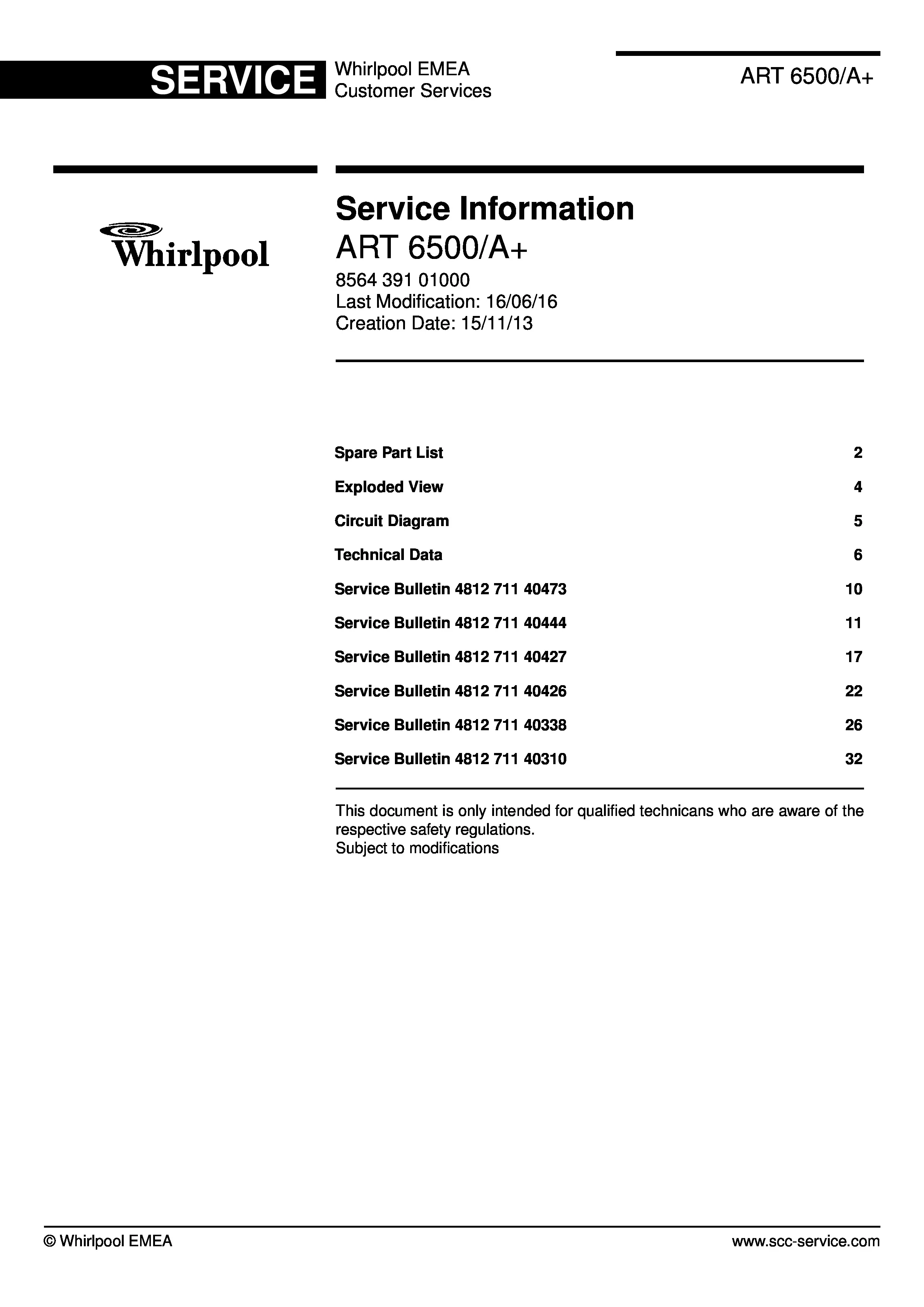 Whirlpool art 6500 a service manual cover with model code, manual contents and publication date