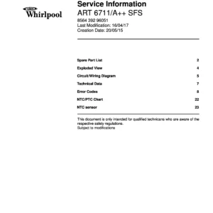 Whirlpool art 6711 a sfs service manual cover with model code, manual contents and publication date