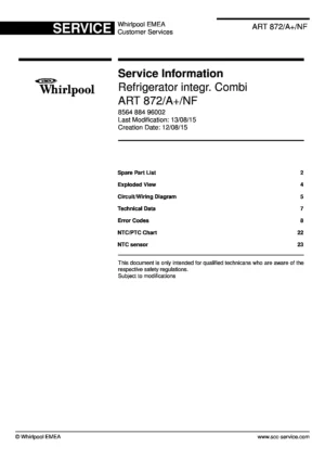 Whirlpool art 872 a nf service manual cover with model code, manual contents and publication date