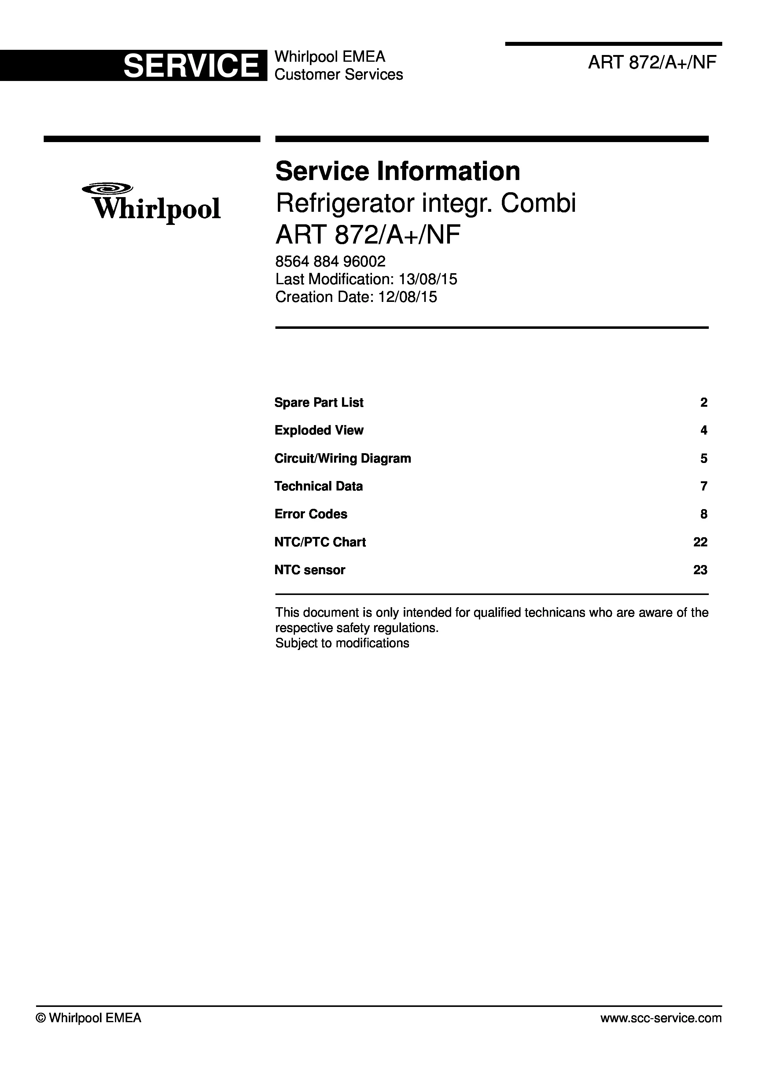 Whirlpool art 872 a nf service manual cover with model code, manual contents and publication date