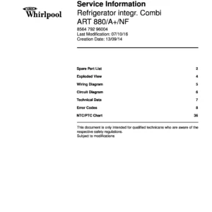 Whirlpool art 880 a nf service manual cover with model code, manual contents and publication date