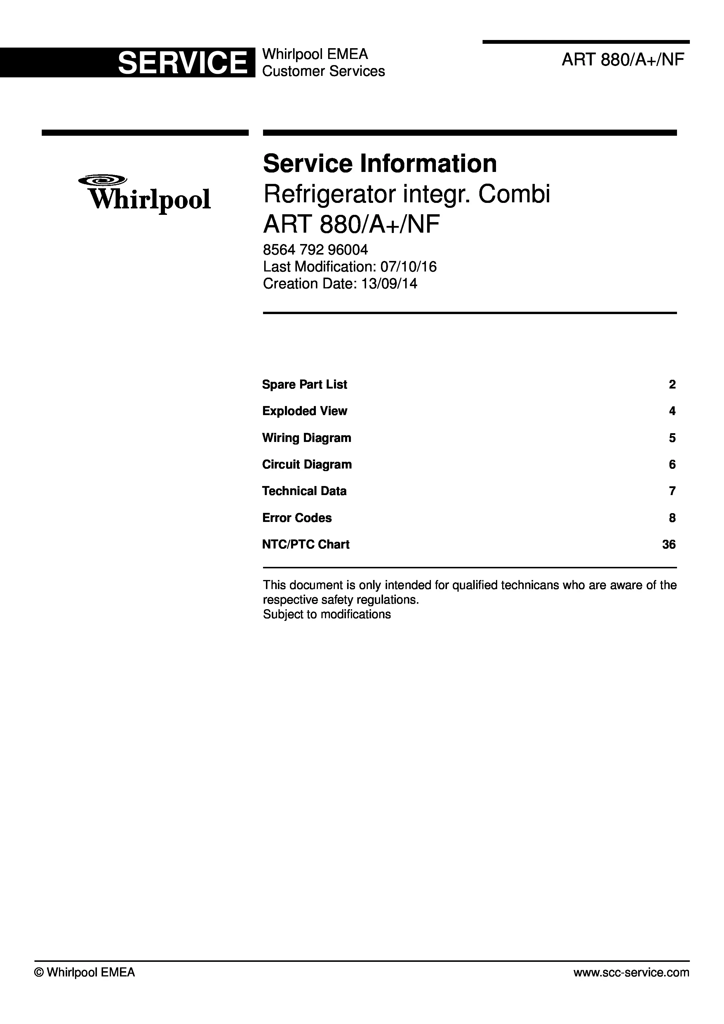 Whirlpool art 880 a nf service manual cover with model code, manual contents and publication date