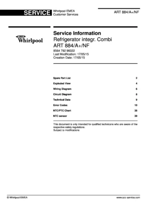 Whirlpool art 884 a nf service manual cover with model code, manual contents and publication date