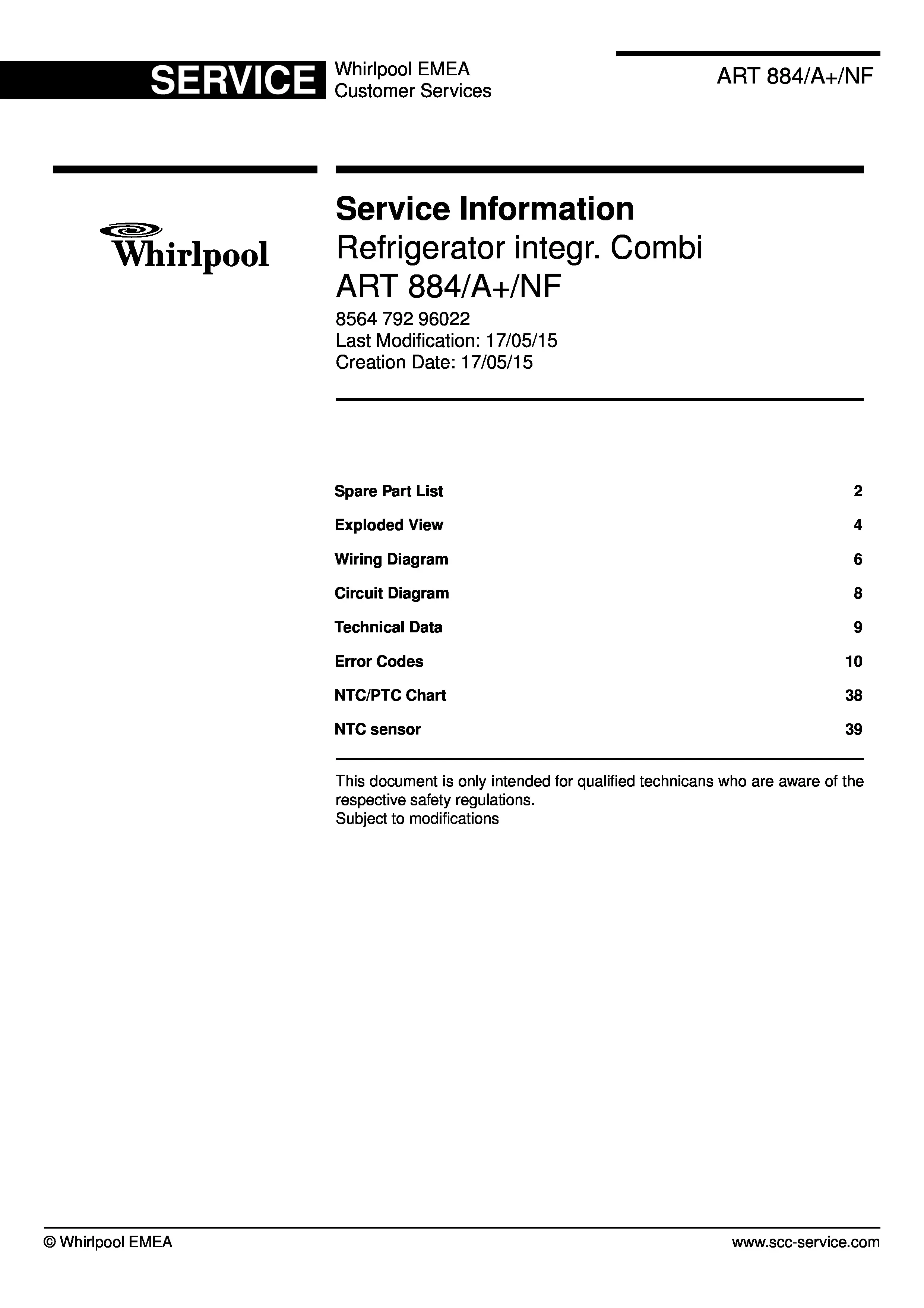 Whirlpool art 884 a nf service manual cover with model code, manual contents and publication date