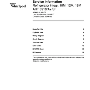 Whirlpool art 8910 a sf service manual cover with model code, manual contents and publication date