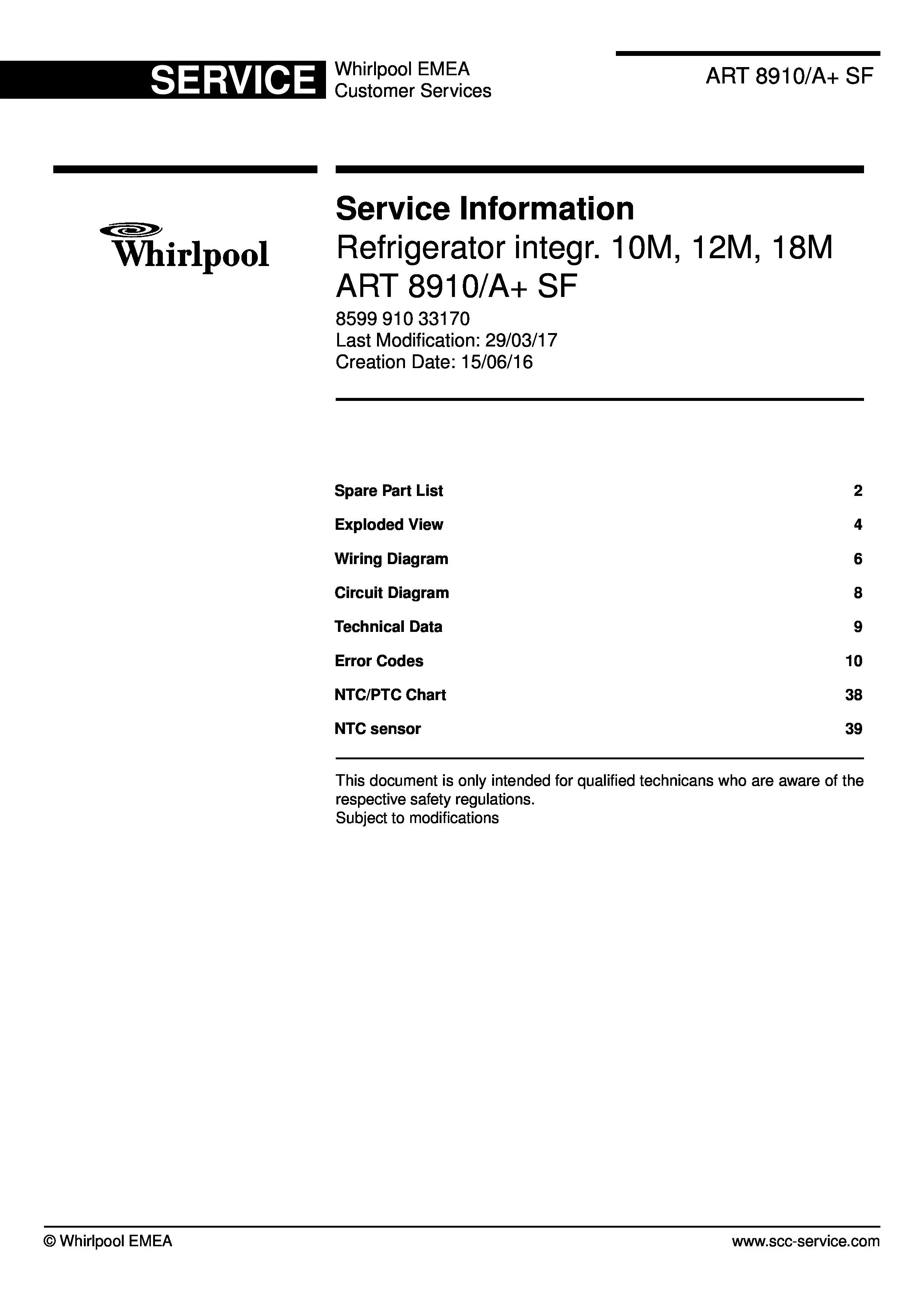 Whirlpool art 8910 a sf service manual cover with model code, manual contents and publication date