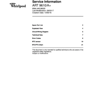 Whirlpool art 9610 a service manual cover with model code, manual contents and publication date