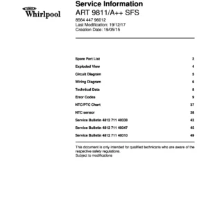 Whirlpool art 9811 a sf service manual cover with model code, manual contents and publication date