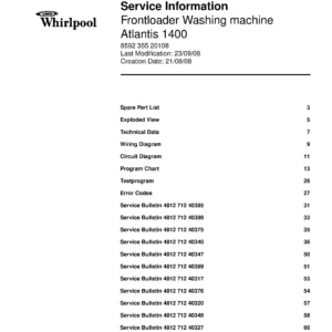 Whirlpool atlantis 1400 service manual cover Whirlpool logo, Whirlpool EMEA customer service, model type, publication date, document number and service manual contents