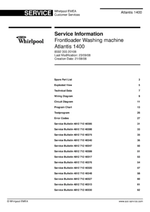 Whirlpool atlantis 1400 service manual cover Whirlpool logo, Whirlpool EMEA customer service, model type, publication date, document number and service manual contents
