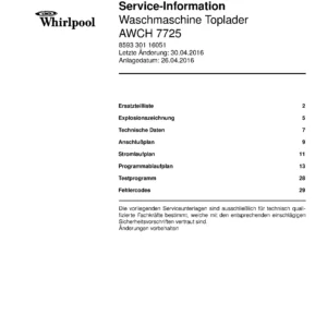 Whirlpool awch 7725 deckblatt der serviceanleitung Whirlpool logo, Whirlpool EMEA customer service, model type, publication date, document number and service manual contents