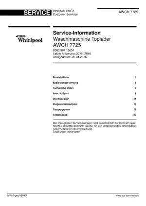 Whirlpool awch 7725 deckblatt der serviceanleitung Whirlpool logo, Whirlpool EMEA customer service, model type, publication date, document number and service manual contents