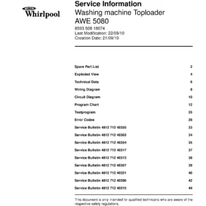 Whirlpool awe 5080 service manual cover Whirlpool logo, Whirlpool EMEA customer service, model type, publication date, document number and service manual contents