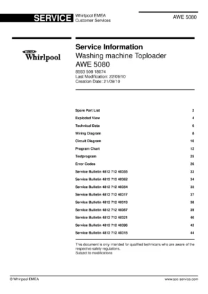 Whirlpool awe 5080 service manual cover Whirlpool logo, Whirlpool EMEA customer service, model type, publication date, document number and service manual contents