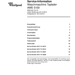 Whirlpool awe 5100 deckblatt der serviceanleitung Whirlpool logo, Whirlpool EMEA customer service, model type, publication date, document number and service manual contents