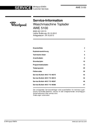 Whirlpool awe 5100 deckblatt der serviceanleitung Whirlpool logo, Whirlpool EMEA customer service, model type, publication date, document number and service manual contents