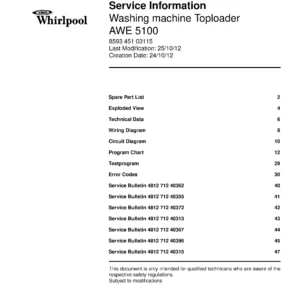 Whirlpool awe 5100 service manual cover Whirlpool logo, Whirlpool EMEA customer service, model type, publication date, document number and service manual contents