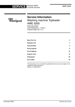 Whirlpool awe 5200 service manual cover Whirlpool logo, Whirlpool EMEA customer service, model type, publication date, document number and service manual contents