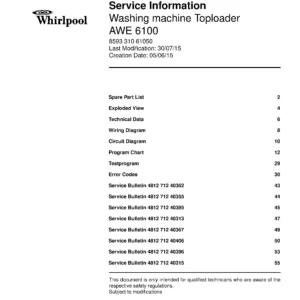 Whirlpool awe 6100 service manual cover Whirlpool logo, Whirlpool EMEA customer service, model type, publication date, document number and service manual contents