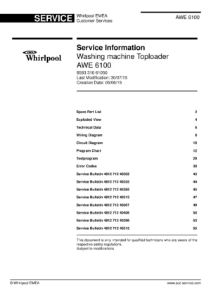 Whirlpool awe 6100 service manual cover Whirlpool logo, Whirlpool EMEA customer service, model type, publication date, document number and service manual contents