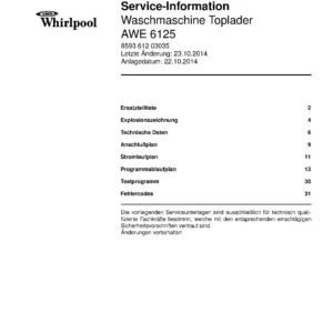 Whirlpool awe 6125 deckblatt der serviceanleitung Whirlpool logo, Whirlpool EMEA customer service, model type, publication date, document number and service manual contents