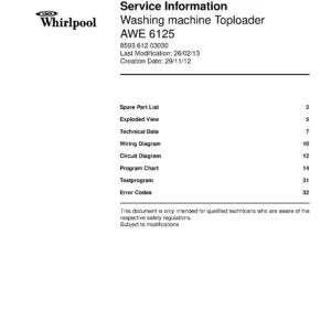 Whirlpool awe 6125 service manual cover Whirlpool logo, Whirlpool EMEA customer service, model type, publication date, document number and service manual contents