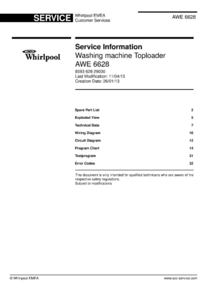 Whirlpool awe 6628 6628 w service manual cover Whirlpool logo, Whirlpool EMEA customer service, model type, publication date, document number and service manual contents