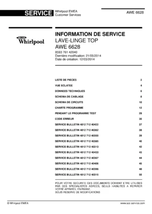 Whirlpool awe 6628 couverture du manuel d entretien Whirlpool logo, Whirlpool EMEA customer service, model type, publication date, document number and service manual contents