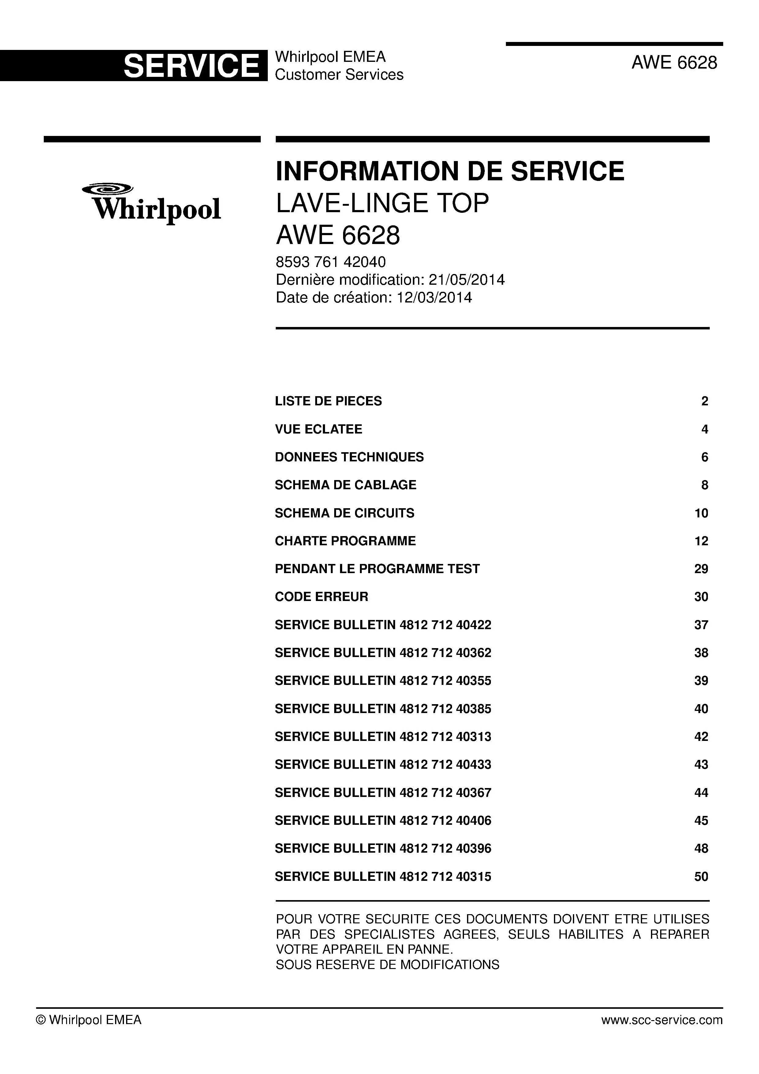 Whirlpool awe 6628 couverture du manuel d entretien Whirlpool logo, Whirlpool EMEA customer service, model type, publication date, document number and service manual contents