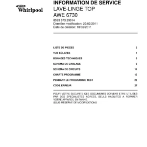 Whirlpool awe 6730 couverture du manuel d entretien Whirlpool logo, Whirlpool EMEA customer service, model type, publication date, document number and service manual contents