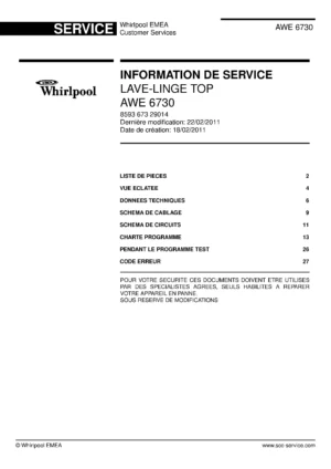 Whirlpool awe 6730 couverture du manuel d entretien Whirlpool logo, Whirlpool EMEA customer service, model type, publication date, document number and service manual contents