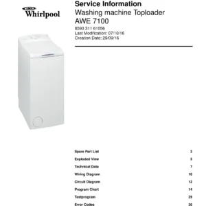 Whirlpool awe 7100 service manual cover Whirlpool logo, Whirlpool EMEA customer service, model type, publication date, document number and service manual contents