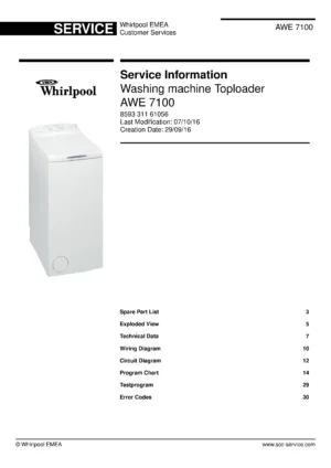 Whirlpool awe 7100 service manual cover Whirlpool logo, Whirlpool EMEA customer service, model type, publication date, document number and service manual contents